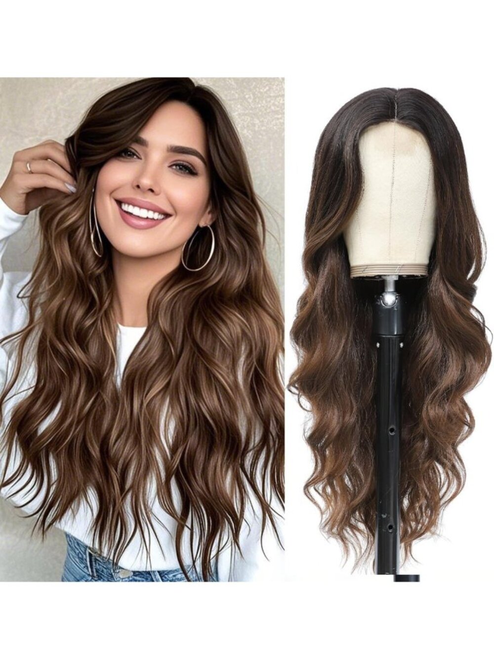 26" Ombre Brown Wavy Curly Wig - Long Brunette Middle Part Hairpiece